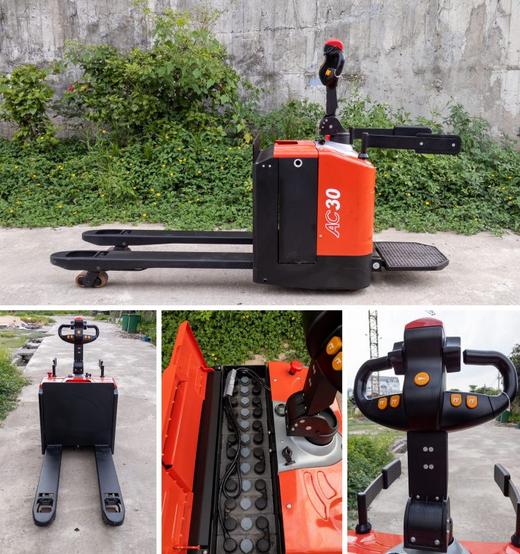 Kết cấu xe, bình điện, tay điều khiển xe nâng điện đứng lái
